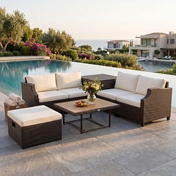 7 pc White Handwoven Wicker Patio Sectional Set with Acacia Wood Coffee Table