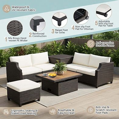 7 Piece White Handwoven Wicker Patio Sectional Set with Acacia Wood Coffee Table
