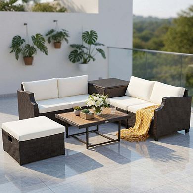 7 Piece White Handwoven Wicker Patio Sectional Set with Acacia Wood Coffee Table