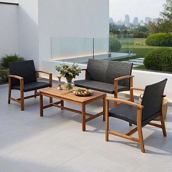 4 pc Beige PE Rattan Patio Bistro Set with Solid Acacia Wood Tabletop & Cushions