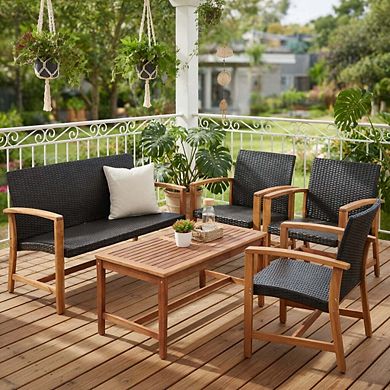 4 Piece Beige PE Rattan Patio Bistro Set with Solid Acacia Wood Tabletop & Cushions