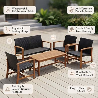 4 Piece Beige PE Rattan Patio Bistro Set with Solid Acacia Wood Tabletop & Cushions