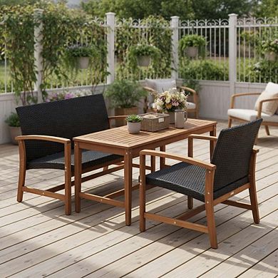 4 Piece Beige PE Rattan Patio Bistro Set with Solid Acacia Wood Tabletop & Cushions
