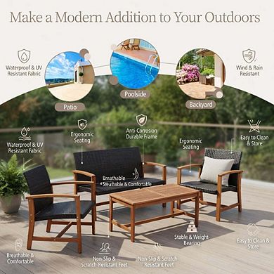4 Piece Beige PE Rattan Patio Bistro Set with Solid Acacia Wood Tabletop & Cushions