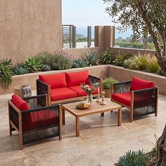 4 pc Red Acacia Wood Indoor Outdoor Patio Conversation Set with Soft Seat Cushions
