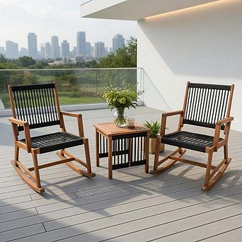 3 pc Acacia Wood Patio Conversation Set with Hand Woven Rope Armchairs & Table