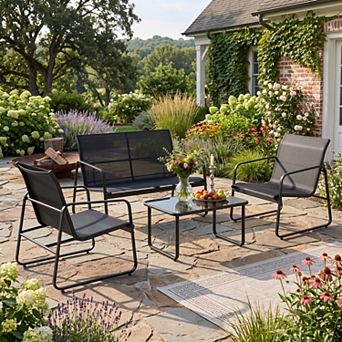 4 pc Black Small PE Rattan Patio Conversation Set with Tempered Glass Coffee Table