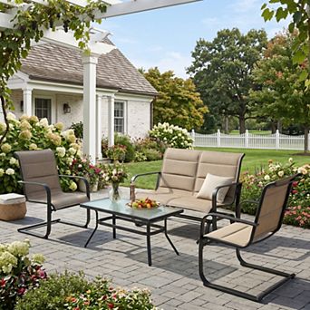 4 pc Brown Small Patio Conversation Set with Glider Loveseat & Glass Coffee Table