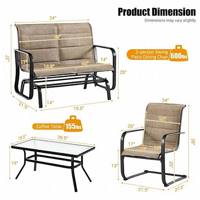 4 Piece Brown Small Patio Conversation Set with Glider Loveseat & Glass Coffee Table
