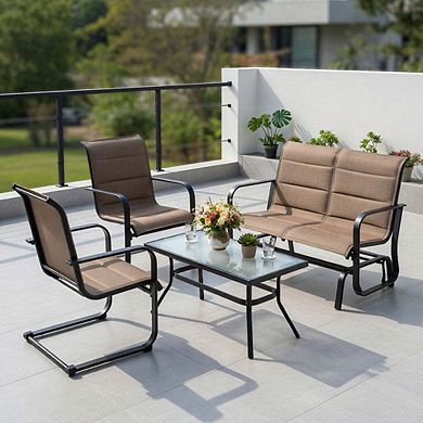 4 Piece Brown Small Patio Conversation Set with Glider Loveseat & Glass Coffee Table