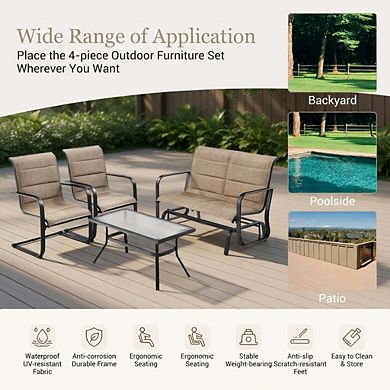 4 Piece Brown Small Patio Conversation Set with Glider Loveseat & Glass Coffee Table
