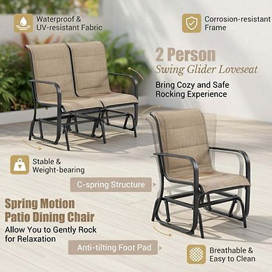 4 Piece Brown Small Patio Conversation Set with Glider Loveseat & Glass Coffee Table