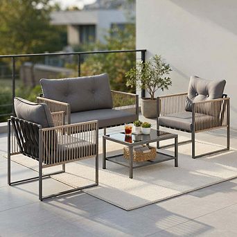 4 pc Grey PE Rattan Patio Conversation Sofa Set with Plush Detachable Cushions