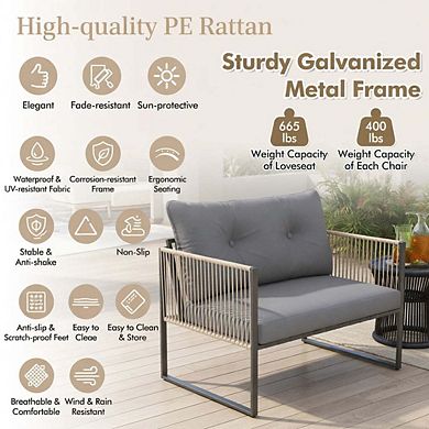 4 Piece Grey PE Rattan Patio Conversation Sofa Set with Plush Detachable Cushions