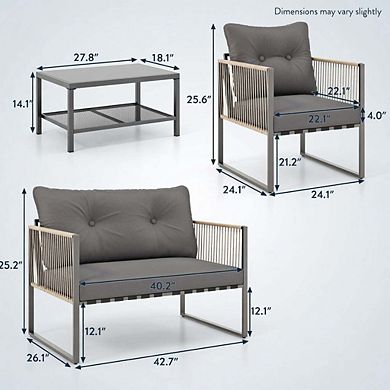 4 Piece Grey PE Rattan Patio Conversation Sofa Set with Plush Detachable Cushions