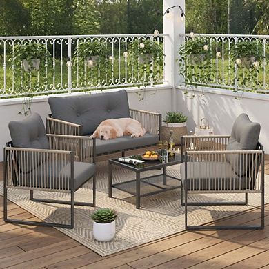 4 Piece Grey PE Rattan Patio Conversation Sofa Set with Plush Detachable Cushions