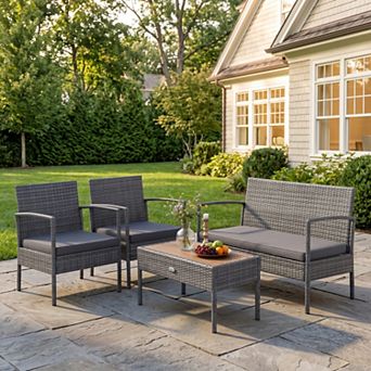 4 pc PE Rattan Patio Conversation Set with Cushions & Acacia Wood Tabletop
