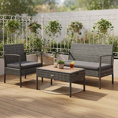 4 Piece PE Rattan Patio Conversation Set with Cushions & Acacia Wood Tabletop