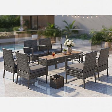 4 Piece PE Rattan Patio Conversation Set with Cushions & Acacia Wood Tabletop