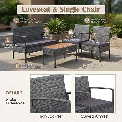 4 Piece PE Rattan Patio Conversation Set with Cushions & Acacia Wood Tabletop
