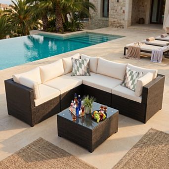 6 pc Beige All Weather PE Rattan Sectional Patio Set with Cushions & Glass Tabletop