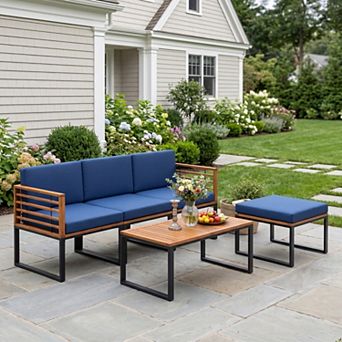 5 pc Navy Acacia Wood Patio Conversation Set with Ottomans & Glass Coffee Table