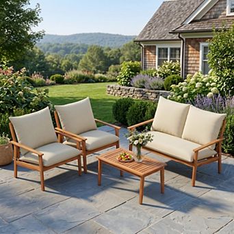 4 pc White Acacia Wood Patio Conversation Set with Plush Cushions & Glass Coffee Table