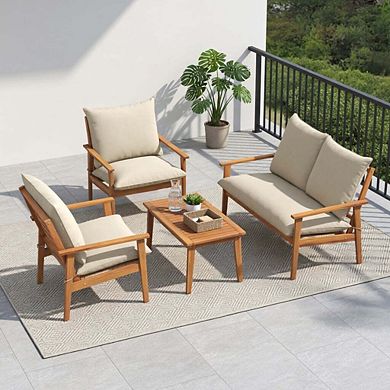 4 Piece White Acacia Wood Patio Conversation Set with Plush Cushions & Glass Coffee Table