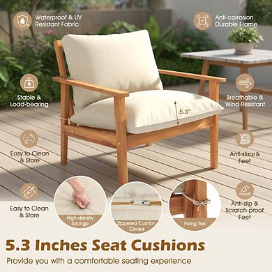 4 Piece White Acacia Wood Patio Conversation Set with Plush Cushions & Glass Coffee Table