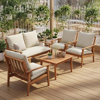 4 Piece White Acacia Wood Patio Conversation Set with Plush Cushions & Glass Coffee Table