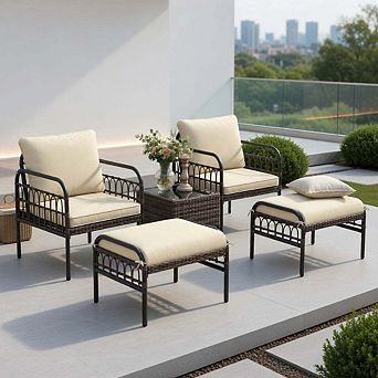 5 pc Beige Compact Wicker Patio Sofa Set with Cushions & Tempered Glass Coffee Table