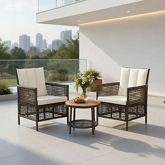 3 pc Cushioned PE Rattan Patio Conversation Set with Armrests & Seat Cushions