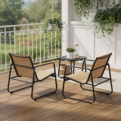 3 Piece Brown Small Patio Conversation Set with Breathable Fabric & Smooth Tabletop