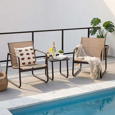 3 Piece Brown Small Patio Conversation Set with Breathable Fabric & Smooth Tabletop