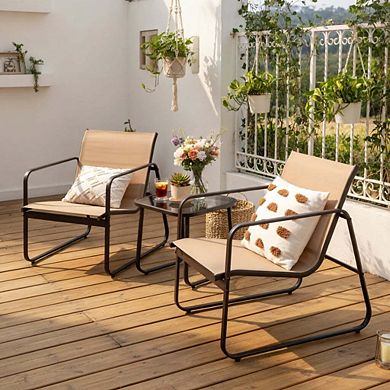 3 Piece Brown Small Patio Conversation Set with Breathable Fabric & Smooth Tabletop