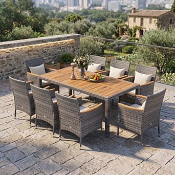 9 pc Beige Patio Rattan Wicker Dining Set for 6 People with Acacia Wood Frame