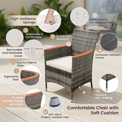9 Pieces Beige Patio Rattan Wicker Dining Set for 6 People with Acacia Wood Frame