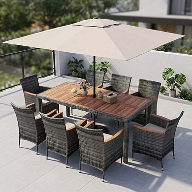 9 Pieces Beige Patio Rattan Wicker Dining Set for 6 People with Acacia Wood Frame