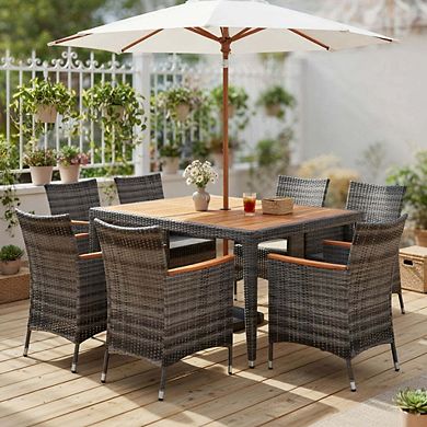 9 Pieces Beige Patio Rattan Wicker Dining Set for 6 People with Acacia Wood Frame