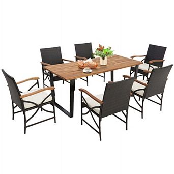Acacia Wood Patio Dining Set with 6 Wicker Chairs and X-side Handrail Umbrella Hole