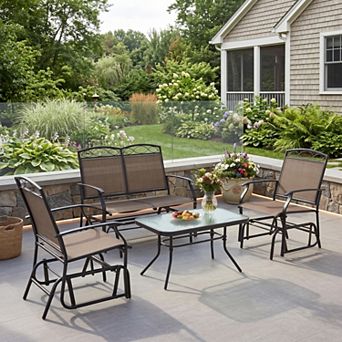 4 pc Brown Patio Glider Conversation Set with Tempered Glass Tabletop