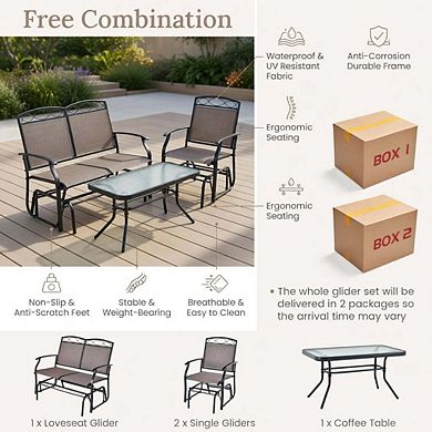 4 Piece Brown Patio Glider Conversation Set with Tempered Glass Tabletop