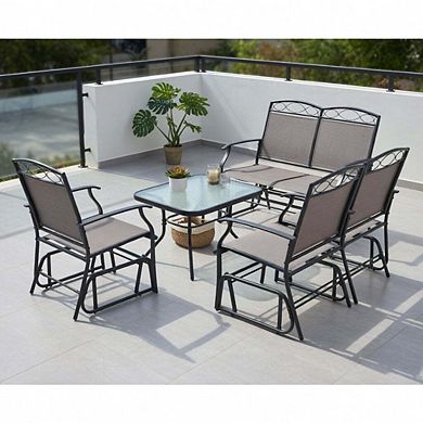 4 Piece Brown Patio Glider Conversation Set with Tempered Glass Tabletop