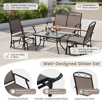 4 Piece Brown Patio Glider Conversation Set with Tempered Glass Tabletop