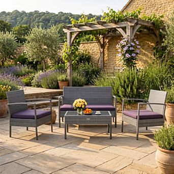 4 pc Outdoor Rattan Patio Conversation Furniture Set with Acacia Wood Tabletop