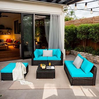 6 pc Turquoise Outdoor Modular Rattan Patio Sectional Sofa Set with Matching Ottomans