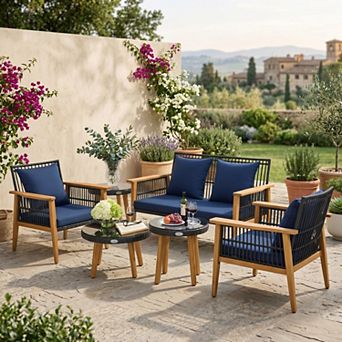 5 pc Off White Wicker Patio Conversation Set with Dual Tempered Glass Coffee Tables
