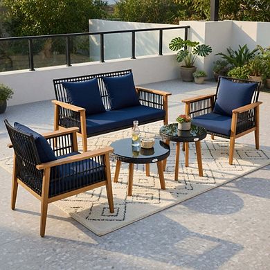 5 Piece Off White Wicker Patio Conversation Set with Dual Tempered Glass Coffee Tables