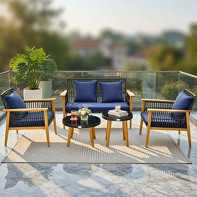 5 Piece Off White Wicker Patio Conversation Set with Dual Tempered Glass Coffee Tables