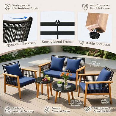 5 Piece Off White Wicker Patio Conversation Set with Dual Tempered Glass Coffee Tables